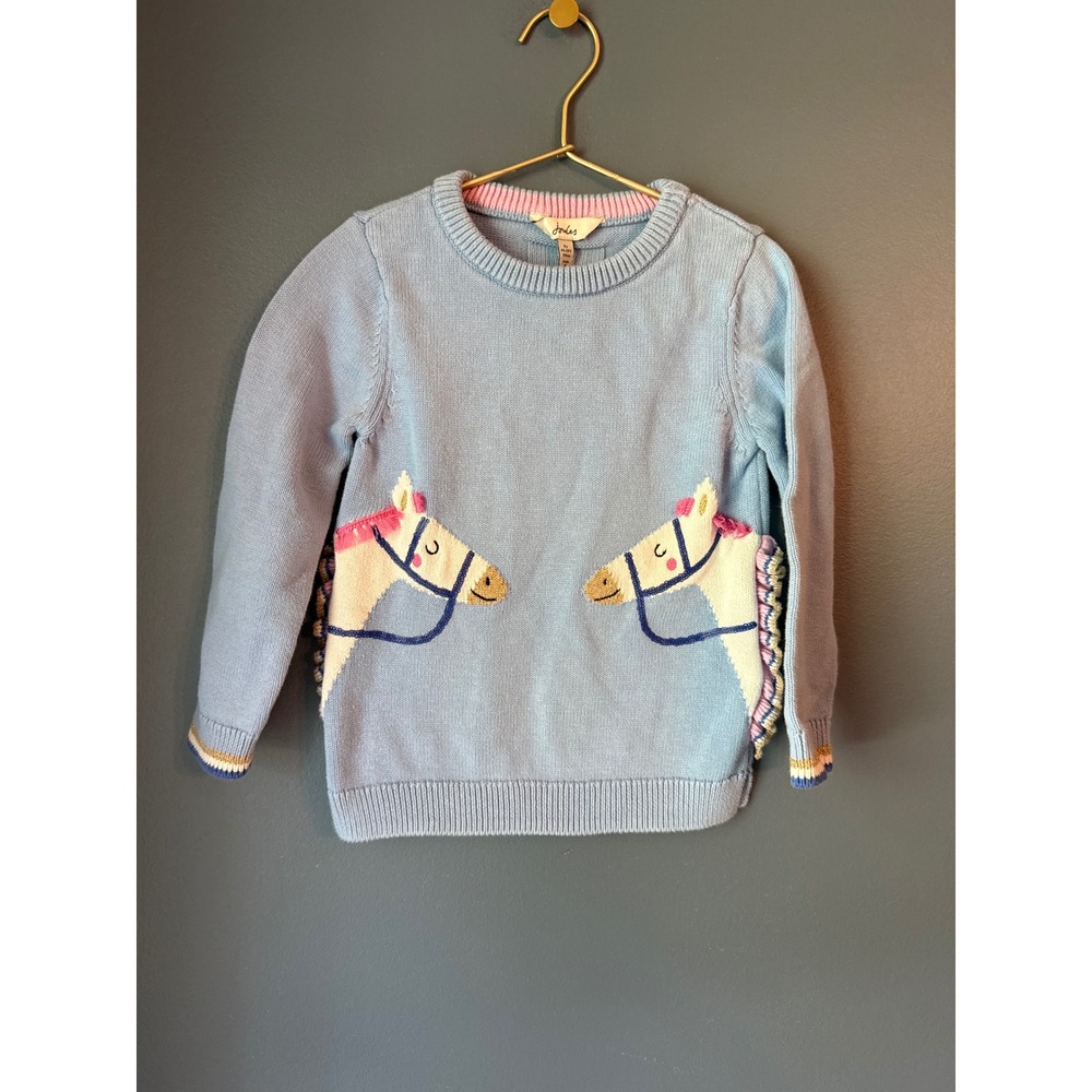 Joules Girls Blue Horse Intarsia Knit Sweater Ruffle Mane Size 5y 110cm